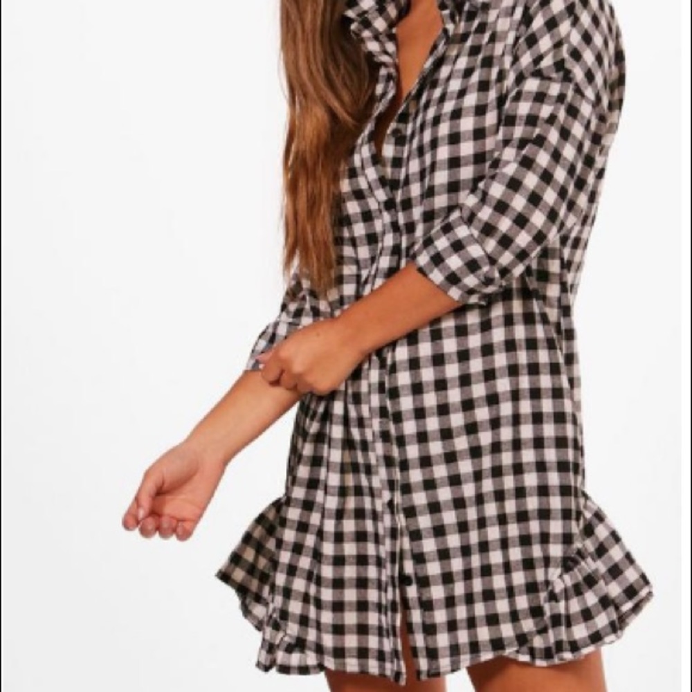 Gingham style button down dress with ruffle hem